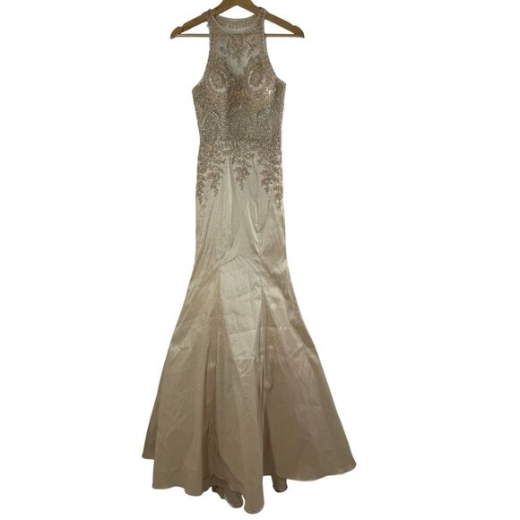 NWOT MORILEE Champagne Sleeveless Beaded Prom Mermaid Gown Size 1/2 Sheer Glam